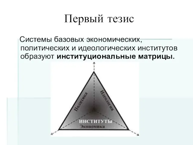 Первый тезис Системы базовых экономических, политических и идеологических институтов образуют институциональные матрицы.