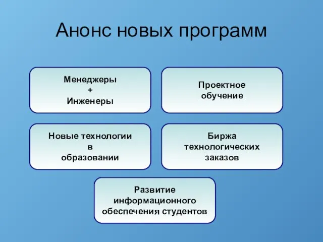 Анонс новых программ Менеджеры + Инженеры Проектное обучение Новые технологии в образовании