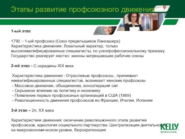 Этапы развитие профсоюзного движения 1-ый этап 1792 – 1-ый профсоюз (Союз прядильщиков