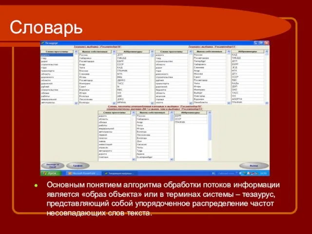 Словарь Основным понятием алгоритма обработки потоков информации является «образ объекта» или в