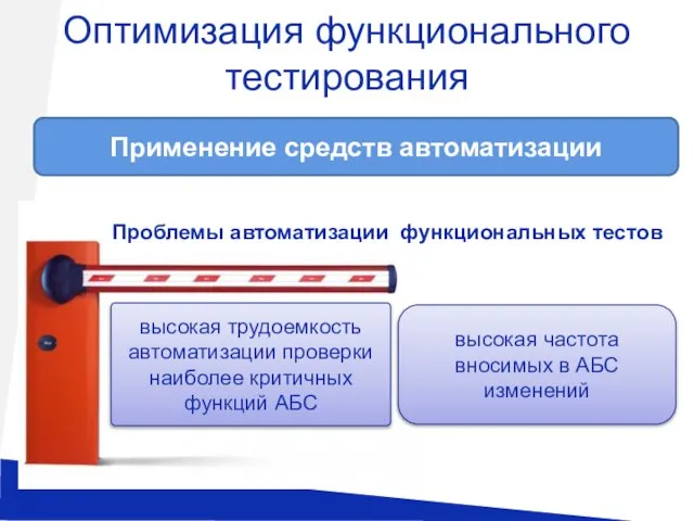 Оптимизация функционального тестирования высокая трудоемкость автоматизации проверки наиболее критичных функций АБС Проблемы