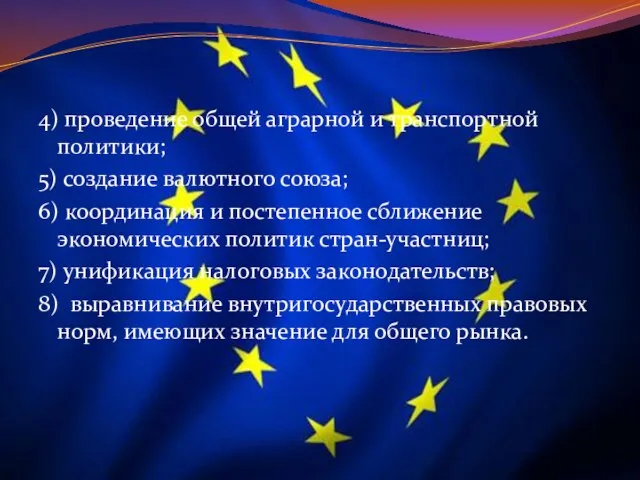 4) проведение общей аграрной и транспортной политики; 5) создание валютного союза; 6)