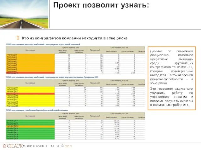 Проект позволит узнать: Кто из контрагентов компании находится в зоне риска Данные