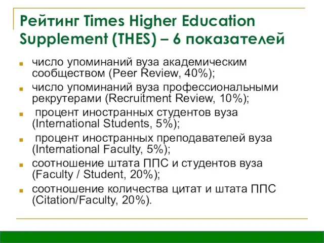 Рейтинг Times Higher Education Supplement (THES) – 6 показателей число упоминаний вуза