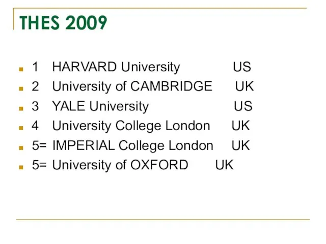 THES 2009 1 HARVARD University US 2 University of CAMBRIDGE UK 3