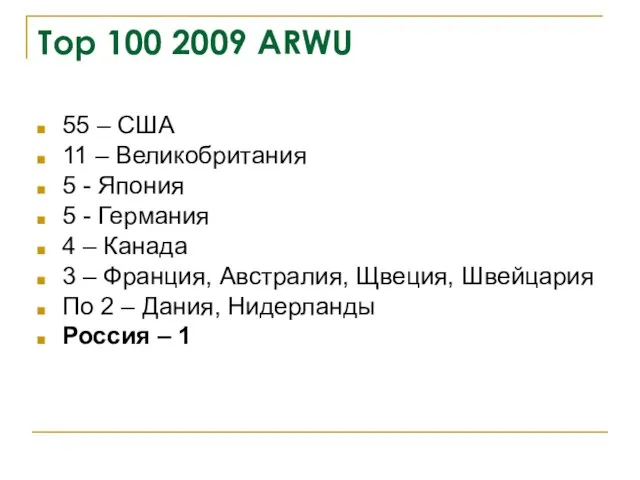 Top 100 2009 ARWU 55 – США 11 – Великобритания 5 -