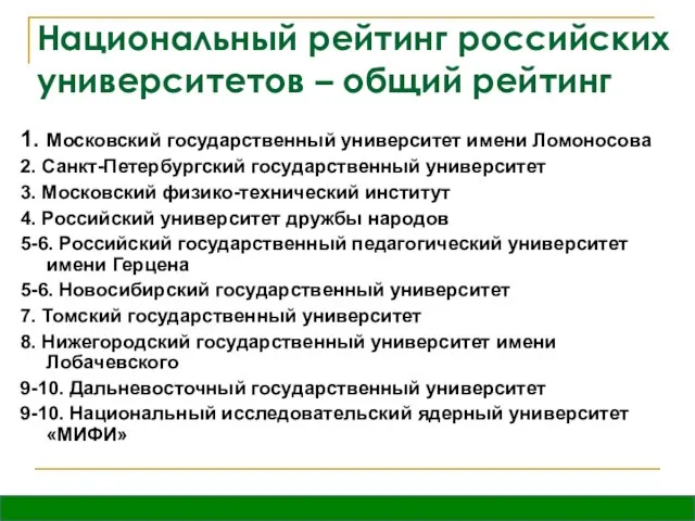Национальный рейтинг российских университетов – общий рейтинг 1. Московский государственный университет имени
