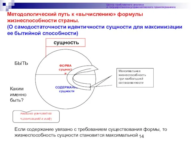 Центр проблемного анализа и государственно-управленческого проектирования Методологический путь к «вычислению» формулы жизнеспособности