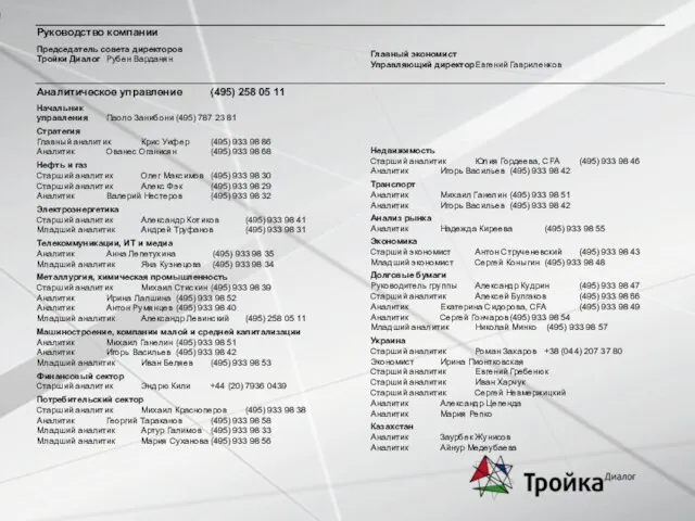 Аналитическое управление (495) 258 05 11 Недвижимость Старший аналитик Юлия Гордеева, CFA