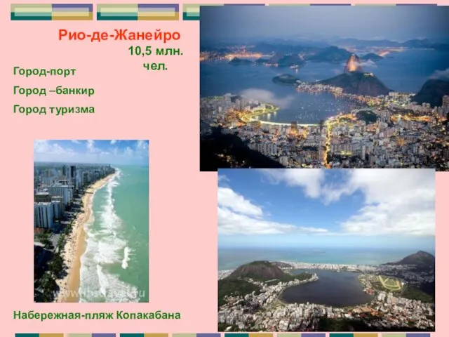 Рио-де-Жанейро Город-порт Город –банкир Город туризма 10,5 млн.чел. Набережная-пляж Копакабана