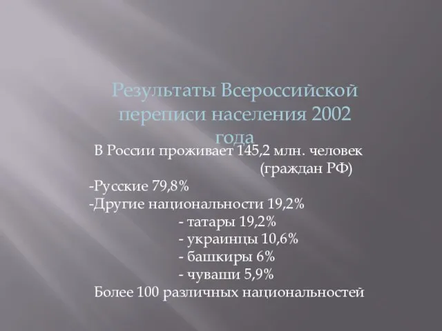 Результаты Всероссийской переписи населения 2002 года В России проживает 145,2 млн. человек