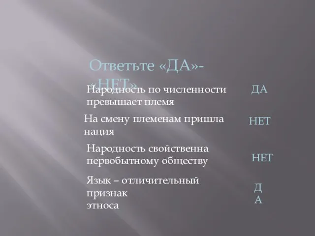 Ответьте «ДА»- «НЕТ» Народность по численности превышает племя ДА На смену племенам