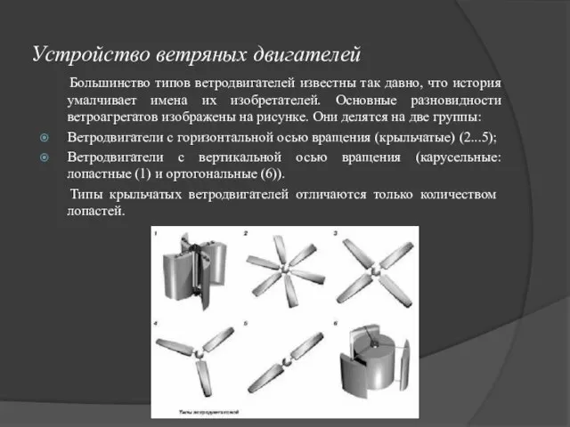 Устройство ветряных двигателей Большинство типов ветродвигателей известны так давно, что история умалчивает