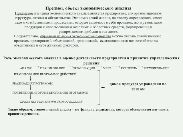 Предмет, объект экономического анализа Предметом изучения экономического анализа является предприятие, его организационная