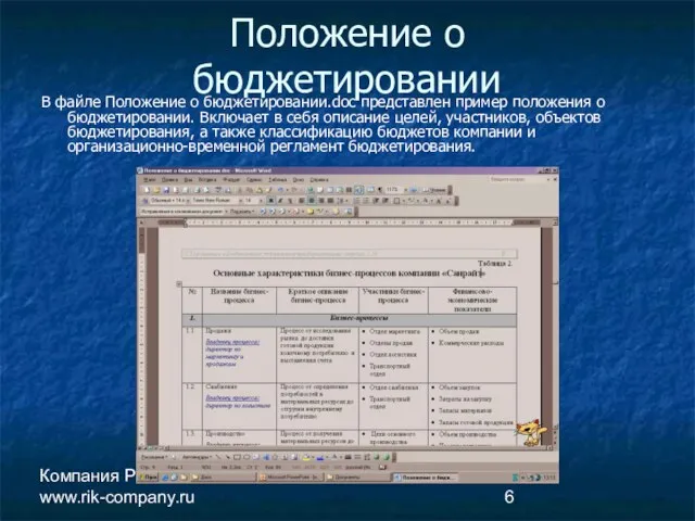 Компания РиК www.rik-company.ru Положение о бюджетировании В файле Положение о бюджетировании.doc представлен