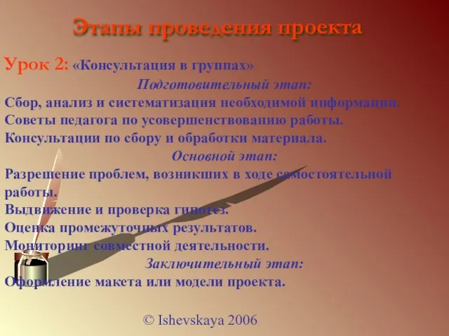 © Ishevskaya 2006 Урок 2: «Консультация в группах» Подготовительный этап: Сбор, анализ