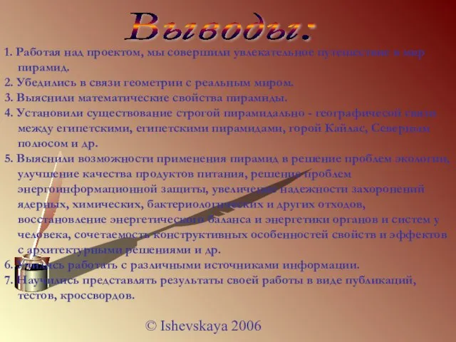 © Ishevskaya 2006 Выводы: 1. Работая над проектом, мы совершили увлекательное путешествие