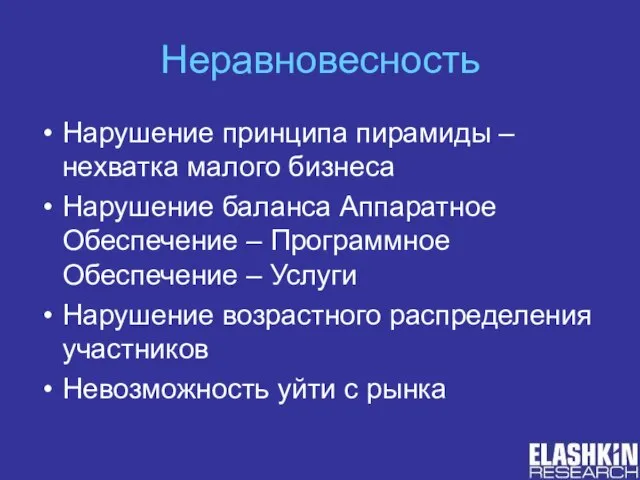 Неравновесность Нарушение принципа пирамиды – нехватка малого бизнеса Нарушение баланса Аппаратное Обеспечение