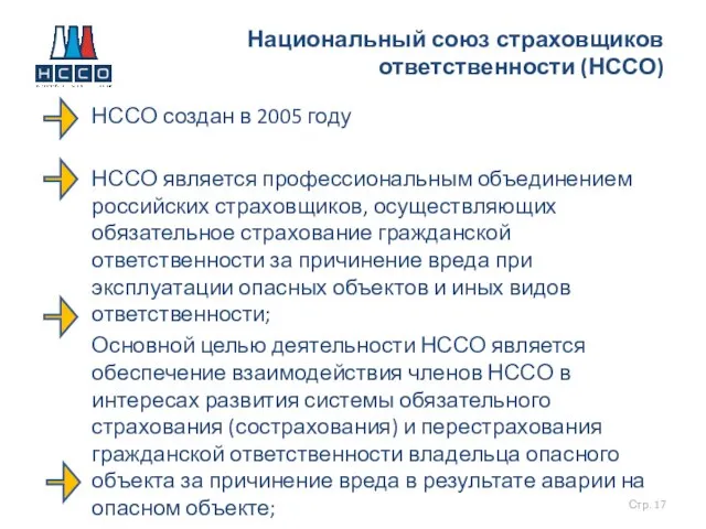 НССО создан в 2005 году НССО является профессиональным объединением российских страховщиков, осуществляющих