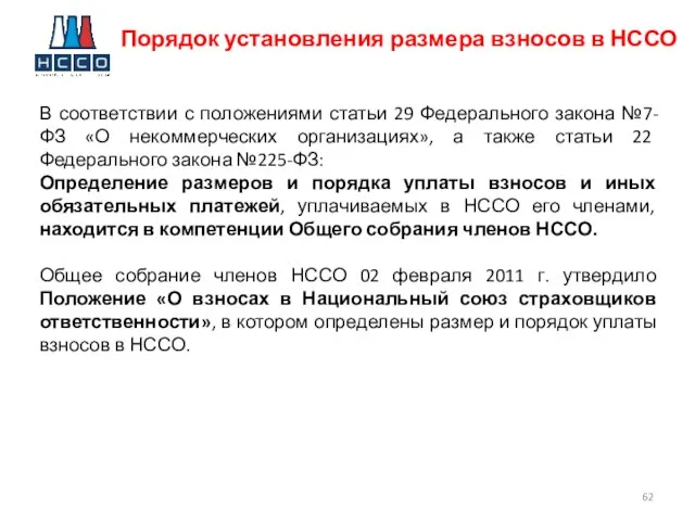 Порядок установления размера взносов в НССО В соответствии с положениями статьи 29