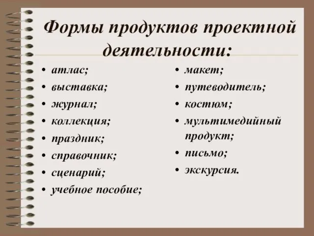 Формы продуктов проектной деятельности: атлас; выставка; журнал; коллекция; праздник; справочник; сценарий; учебное