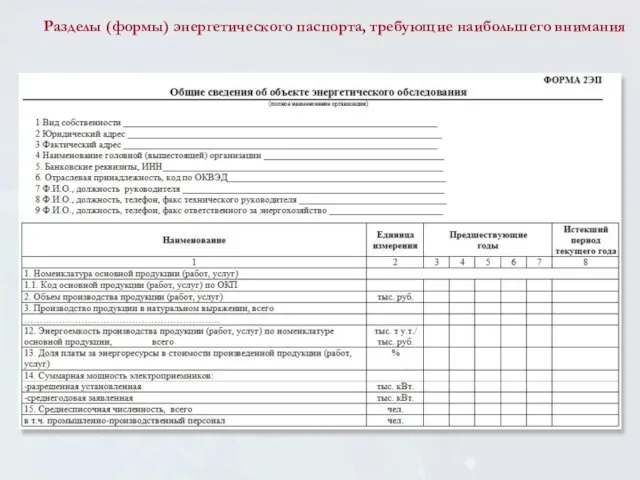 Разделы (формы) энергетического паспорта, требующие наибольшего внимания