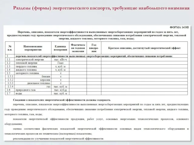 Разделы (формы) энергетического паспорта, требующие наибольшего внимания