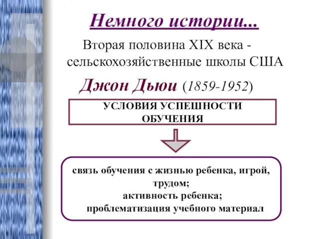 Немного истории... Вторая половина XIX века -сельскохозяйственные школы США Джон Дьюи (1859-1952)