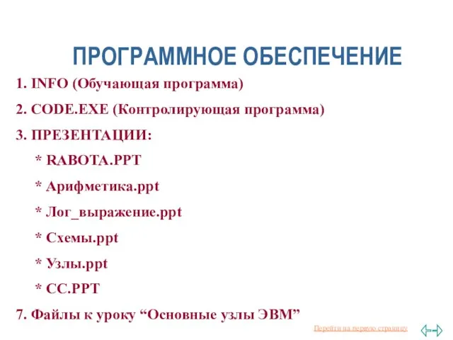 ПРОГРАММНОЕ ОБЕСПЕЧЕНИЕ 1. INFO (Обучающая программа) 2. CODE.EXE (Контролирующая программа) 3. ПРЕЗЕНТАЦИИ: