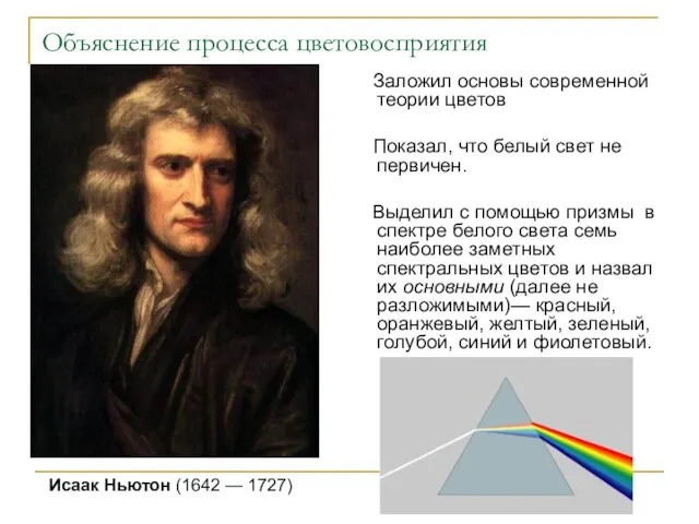 Объяснение процесса цветовосприятия Заложил основы современной теории цветов Показал, что белый свет