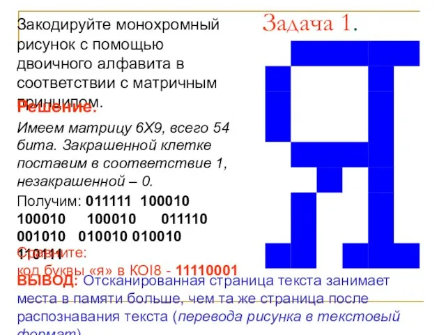 Задача 1. Закодируйте монохромный рисунок с помощью двоичного алфавита в соответствии с