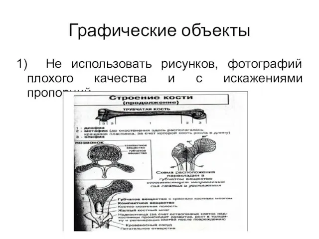 Графические объекты 1) Не использовать рисунков, фотографий плохого качества и с искажениями пропорций.