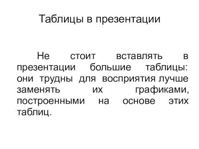 Таблицы в презентации Не стоит вставлять в презентации большие таблицы: они трудны