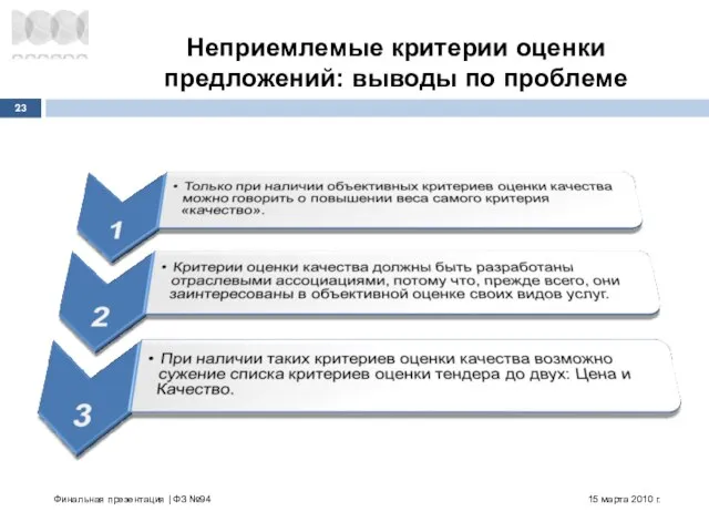 Неприемлемые критерии оценки предложений: выводы по проблеме 15 марта 2010 г. Финальная презентация | ФЗ №94