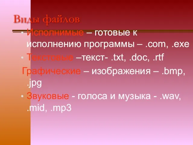 Виды файлов Исполнимые – готовые к исполнению программы – .com, .exe Текстовые