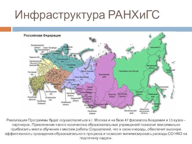 Инфраструктура РАНХиГС Реализация Программы будет осуществляться в г. Москва и на базе