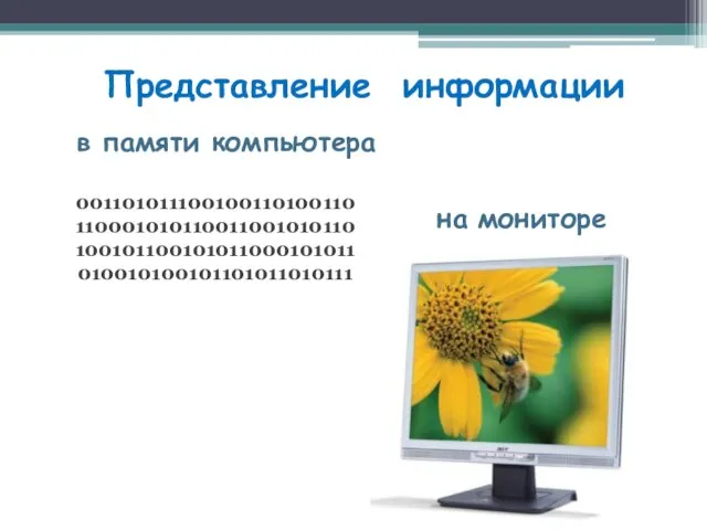 Представление информации в памяти компьютера на мониторе 001101011100100110100110 110001010110011001010110 100101100101011000101011 010010100101101011010111