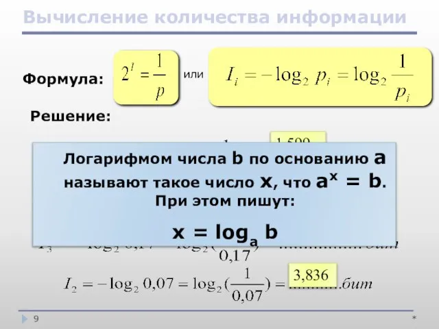 Вычисление количества информации * Формула: Решение: или 3,836 1,599 1,217 2,556 Логарифмом