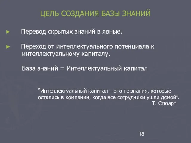 ЦЕЛЬ СОЗДАНИЯ БАЗЫ ЗНАНИЙ Перевод скрытых знаний в явные. Переход от интеллектуального