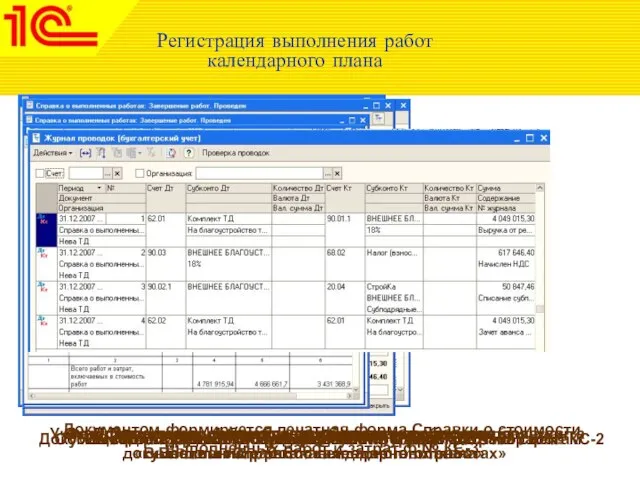 Регистрация выполнения работ календарного плана Учет выполненных работ осуществляется посредством документа «Выполнение