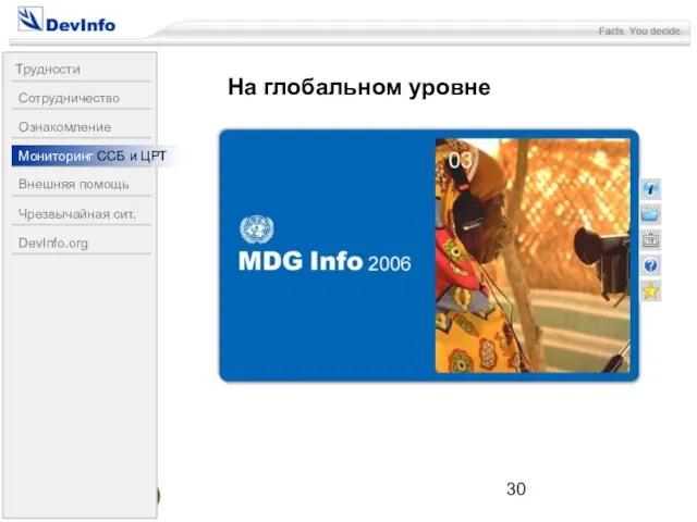 На глобальном уровне Трудности Сотрудничество Ознакомление Мониторинг ССБ и ЦРТ Внешняя помощь Чрезвычайная сит. DevInfo.org