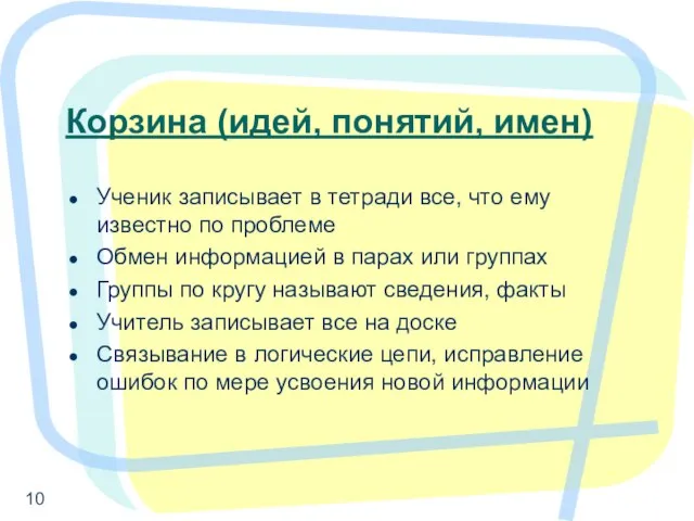 Корзина (идей, понятий, имен) Ученик записывает в тетради все, что ему известно