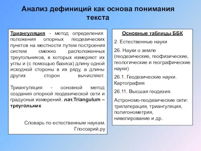 Анализ дефиниций как основа понимания текста Триангуляция - метод определения положения опорных