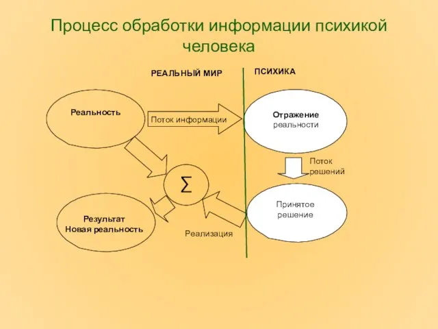 Реальность Отражение реальности Принятое решение Результат Новая реальность Поток информации ПСИХИКА РЕАЛЬНЫЙ