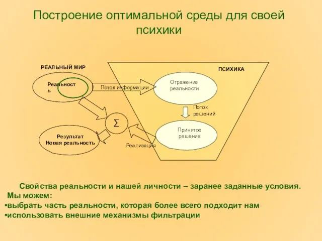 Построение оптимальной среды для своей психики Реальность Отражение реальности Принятое решение Результат