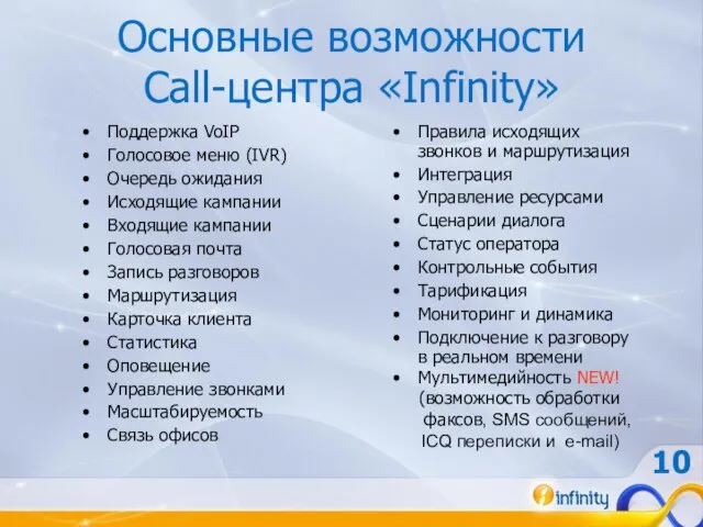 Основные возможности Call-центра «Infinity» Поддержка VoIP Голосовое меню (IVR) Очередь ожидания Исходящие