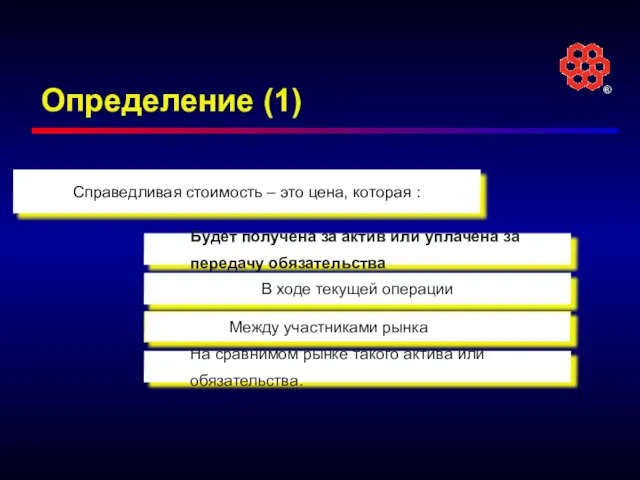 Определение (1) Справедливая стоимость – это цена, которая : Будет получена за