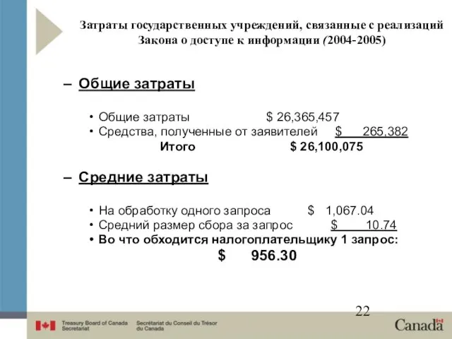 Затраты государственных учреждений, связанные с реализаций Закона о доступе к информации (2004-2005)
