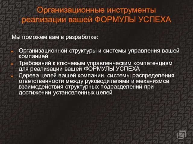 Организационные инструменты реализации вашей ФОРМУЛЫ УСПЕХА Мы поможем вам в разработке: Организационной