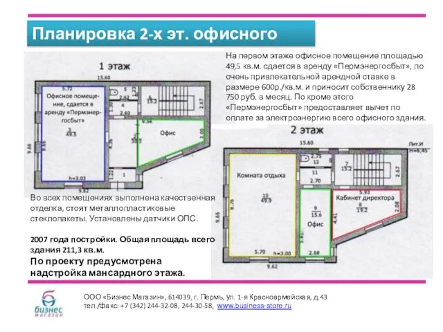 Планировка 2-х эт. офисного здания ООО «Бизнес Магазин», 614039, г. Пермь, ул.